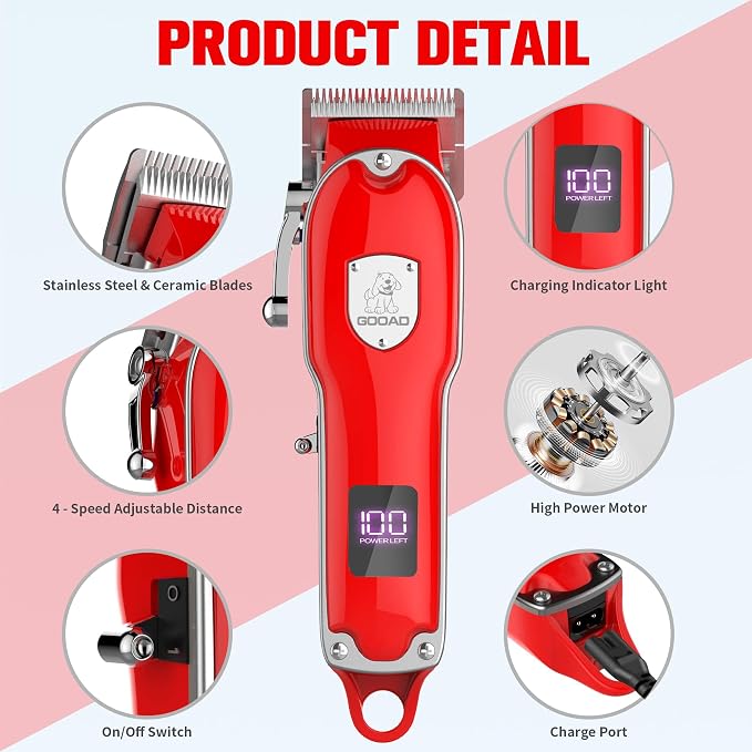 Dog Clippers for Grooming for Heavy Thick Hair&Coats,Low Noise Dog Hair Trimmer,Rechargeable Cordless Pet Shaver with Stainless Steel Blade, Dog Grooming Kit for Small Large Dogs Pets (Red)