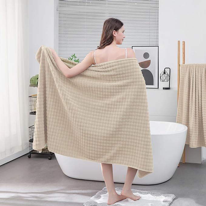 KBY Bath Towels Set 6 Piece 40x80 Inches，2 Extra Large Bath Sheets 2 Hand Towels 2 Washcloths，Highly Absorbent Quick Dry Microfiber,Ultra Soft Towel Set for Bathroom，Spa，Gym， Hotel (Beige)