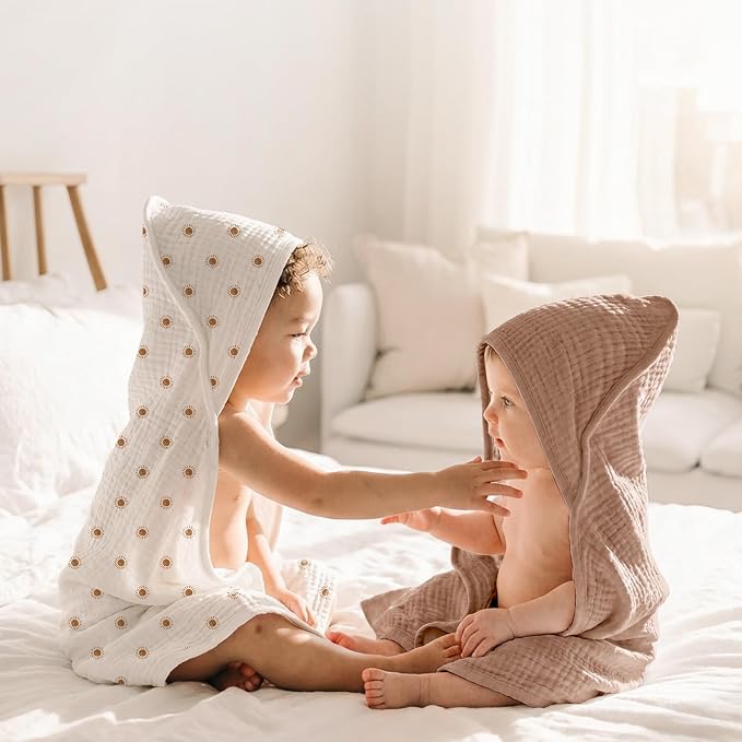 Konssy 2-Pack Muslin Hooded Baby Towels, 100% Cotton, Ultra-Soft & Absorbent Baby Bath Towels with Hood for Newborn & Infant (Camel, Sun,32" x 32")