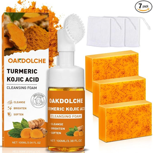 3Pcs Turmeric Wash Set-Turmeric Face Wash with Brush, 3 Turmeric Kojic Acid Soap Bars（60g）, 3 Foaming Nets, Deep Cleansing for Face & Body Cleanser