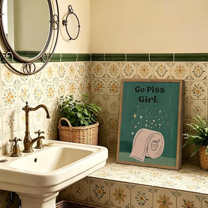 Funny Girl Bathroom Wall Art Go Piss Girl Toilet Paper Sign Wall Decor Picture Trendy Retro Moody Green Quote Restroom Poster Canvas Painting Prints 12x16 inch Wood Framed