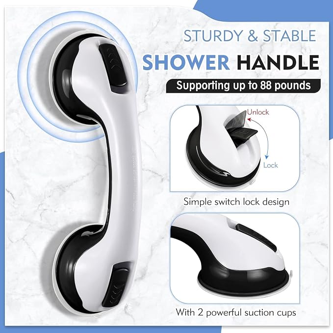 Reyiu Grab Bars for Shower, 12 Inch Shower Handle, Suction Cup Bathroom Grab Bar for Elderly, Seniors, Handicap - No Drill, Waterproof, Removable (2 Pack)