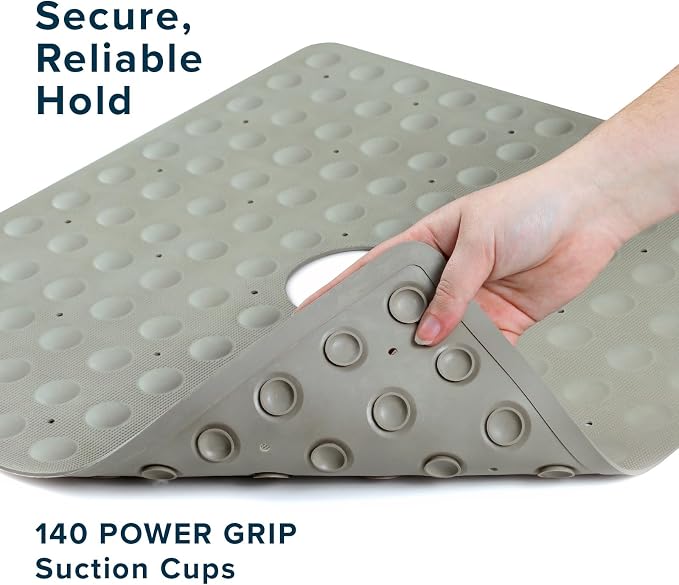 SlipX Solutions Square Natural Rubber Shower Stall Mat, 21” x 21”, Mildew Resistant, Non Slip Safety, Antimicrobial Product Protection, 140 Power Grip Suction Cups, Center Drain Hole, Tan