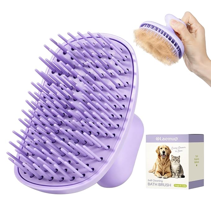 Oleamuo Dog Bath Brush for Grooming & Shedding, Self-Cleaning Pet Scrubber | One-Click Hair Release, Helps Reduce Shedding, For Short & Long-Haired Dogs and Cats, Wet & Dry Use(Purple)