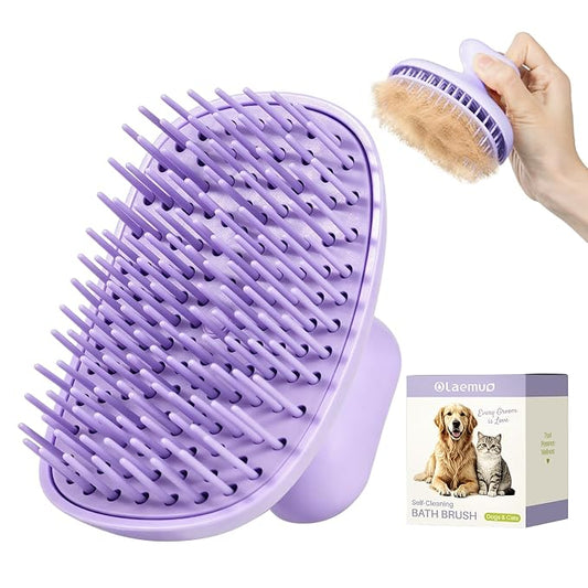 Oleamuo Dog Bath Brush for Grooming & Shedding, Self-Cleaning Pet Scrubber | One-Click Hair Release, Helps Reduce Shedding, For Short & Long-Haired Dogs and Cats, Wet & Dry Use(Purple)