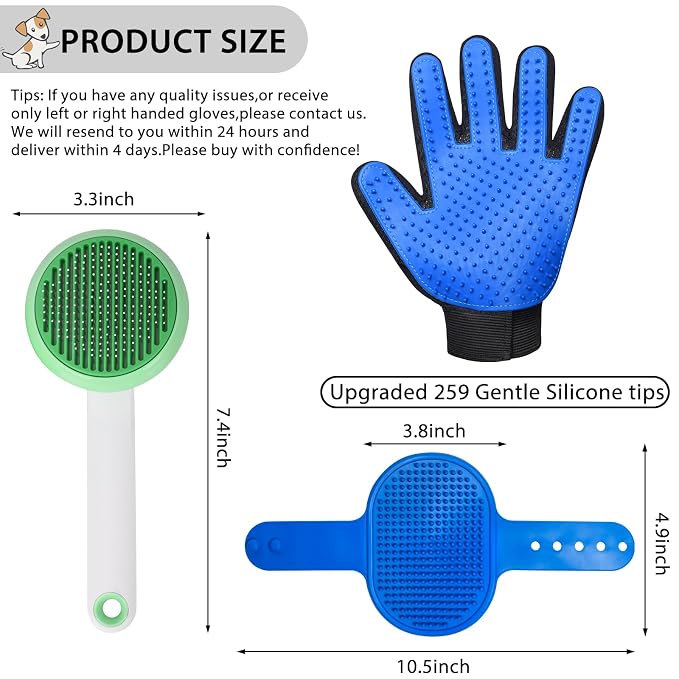 Cat Grooming Glove Brush, Self-Cleaning Slicker Pet Brush for Short and Long Haired Pets, Dog Bath Brush for Shedding and Grooming, Removes Loose Hair and Tangles, Green
