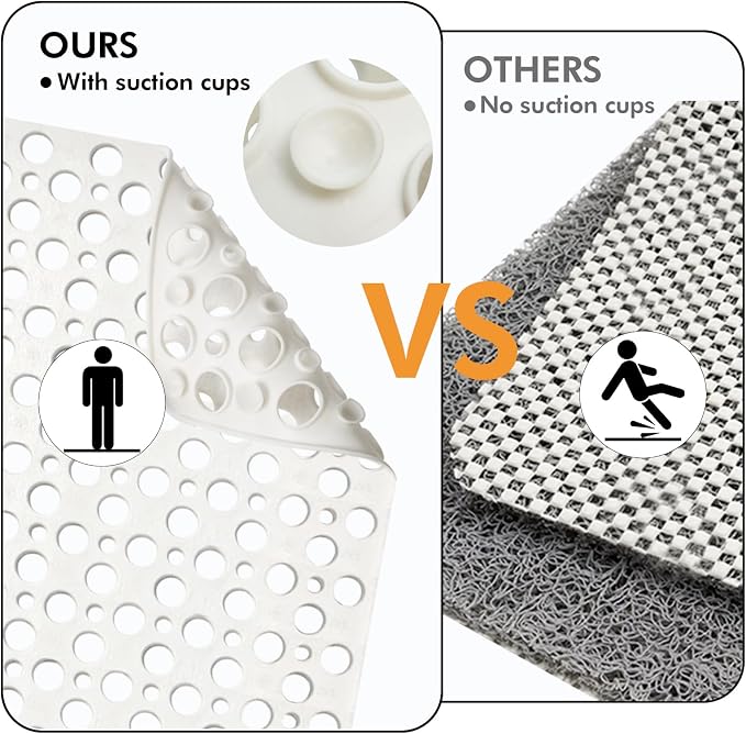 Tiamo Large Shower Mat Non Slip TPE Bathtub Mat Suction Cups for Elderly | 36x24inch rectangle,inside shower,big drain holes,quick dry,smooth tile floors,seniors,White