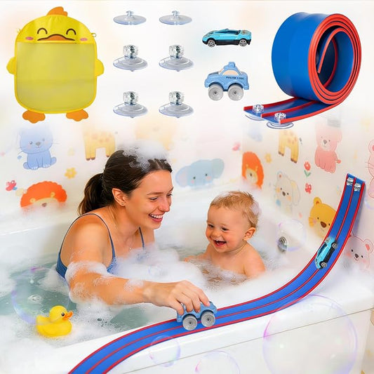 Race Car Bath Toy Set, Toddler Bath Toys, Flex Race Track Car Set, Kids Bathtub Gift, Including Mesh Storage Bag - Suction Cup, for Ages 3 & Up (10-Piece Set) (Blue & Red)