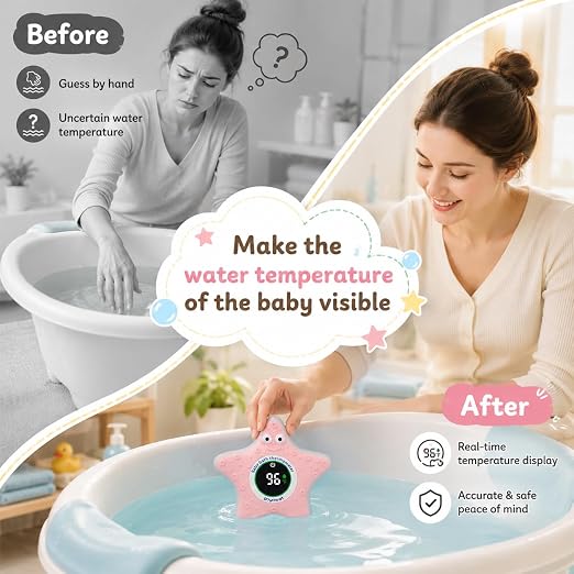 Baby Bathtub Thermometer with LED Display Screen+Pink Starfish toy-2-in-1 | Color Coded Alarm (Cold/Comfortable/hot) Bath Temperature Monitor, Adorable Floating Toys for Infants, Essential for Babies
