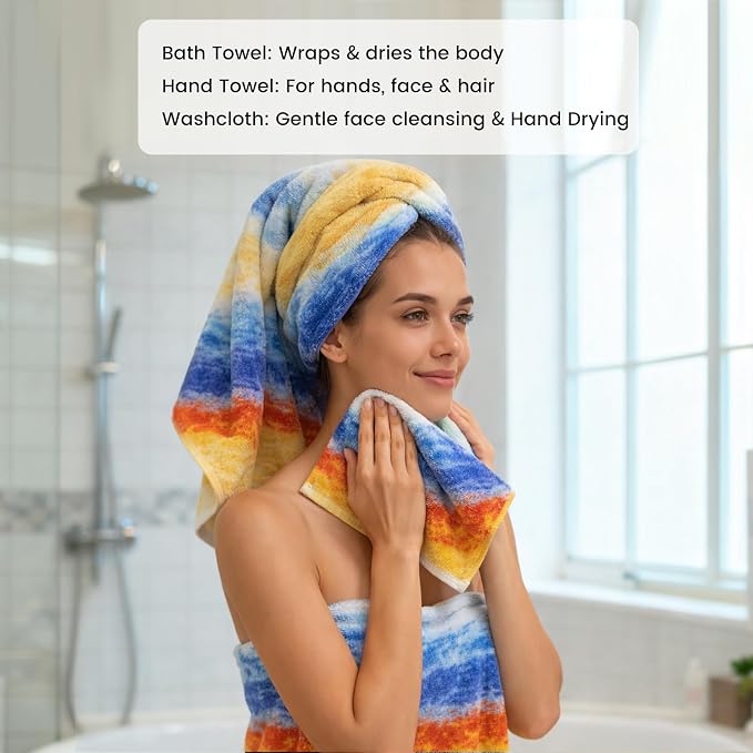8-Piece Cotton Bath Towel Set for Bathroom, Hanging Loops, Colorful Striped | Complete starter set for daily showers, sink-side use, small bathrooms, and guest baths, OEKO-TEX certified, easy care