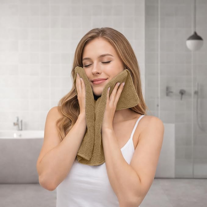 RIVERSIDE 12-Pack Premium 100% Cotton Tan Face Towels for Bathroom [12x12] - Reusable Luxury Face Wash Cloths for Showering - 550 GSM Super Soft & Absorbent Washcloths for Body, Spa & Gym