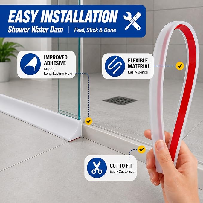 Silicone Shower Threshold Water Dam, Kitchen Sink Splash Guard, Shower Barrier Water Dam(118inch) | Flexible peel-and-stick water barrier for shower thresholds, sink edges, and countertops; 118 x 0.79 x 0.47 in