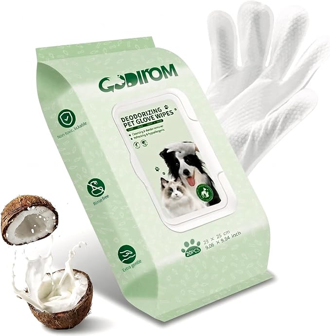 Pet Cleaning Glove Wipes for Dogs & Cats, Thick 90g No-Rinse Deodorizing Grooming Wipes, Hypoallergenic Disposable Bathing Gloves for Daily Care & Travel, Coconut Scent, 20 Pcs