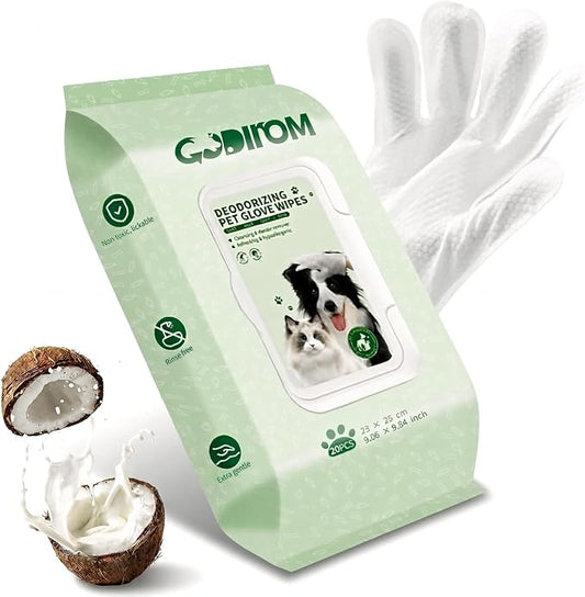 Pet Cleaning Glove Wipes for Dogs & Cats, Thick 90g No-Rinse Deodorizing Grooming Wipes, Hypoallergenic Disposable Bathing Gloves for Daily Care & Travel, Coconut Scent, 20 Pcs