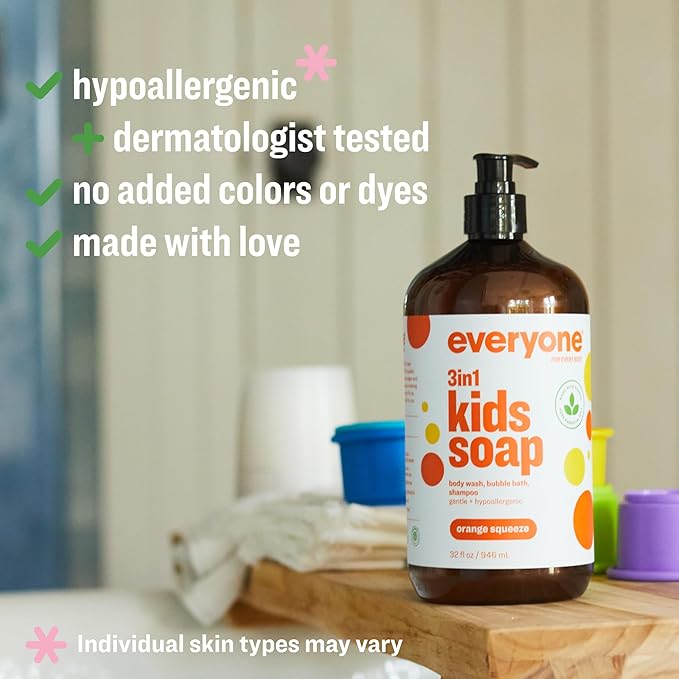 Everyone 3-in-1 Kids Soap, Body Wash, Bubble Bath, Shampoo, 32 Ounce (Pack of 1), Orange Squeeze, made with Essential Oils for Toddlers, tweens and teens