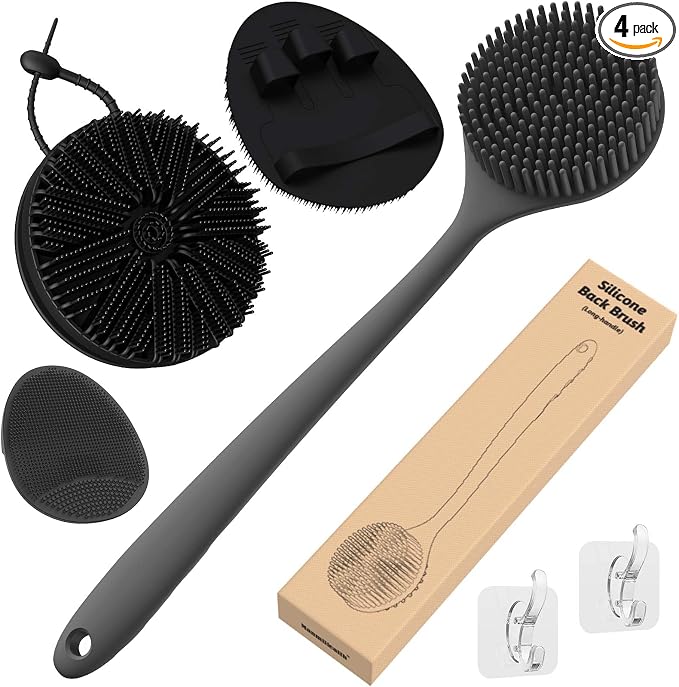 Manmihealth Silicone Back Scrubber & Soft Bath Glove Set 4 PCS(Thick Bristles), Super-Exfoliating Body Scrubber & Super-Lathering Shower Brush Combination, with 2 Adhesive Hooks (Black)
