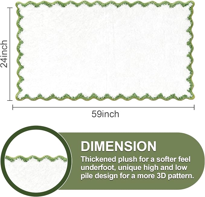 ORTIGIA Long Cute Scalloped Bathroom Rugs Runner, Fun Green Plush Microfiber Scallop Bath Mats Non Slip Washable Quick Dry Absorbent, Rug Carpet for Bathtub Sink Laundry Room Bedroom, 24x59