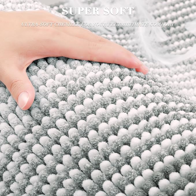 BSICPRO Bathroom Rugs and Mats Sets, 2 Piece Thick Absorbent Chenille Bath Mat Rug Set Non Slip, Soft Shaggy Bath Room Floor Mats for Bathroom, Machine Washable (Light Gray, 20" x 47" Plus 20" x 32")