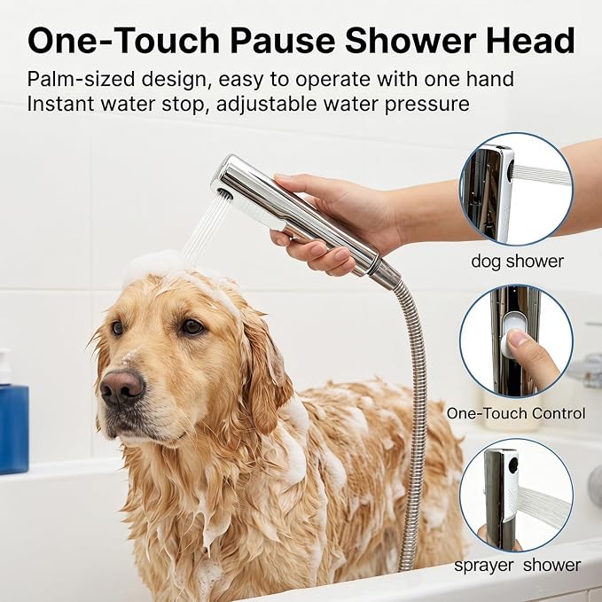 Dog Shower Attachment Kit with Handheld Sprayer – 8FT Flexible Stainless Steel Hose +Shower Arm Diverter – High Pressure Pet Bath Wand for Medium & Large Dogs, Long Thick Coat, Indoor All-Year Use