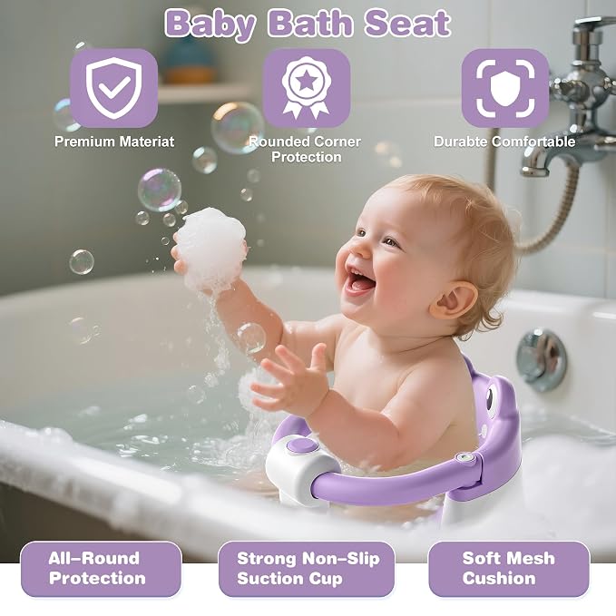 Baby Bath Seat for Babies 5-10 Months & up Non-Slip Toddler Bath Seats for Sitting Up Infant Bathtub Chair with Suction Cups and Soft Cushion for Baby Shower Tub Seat