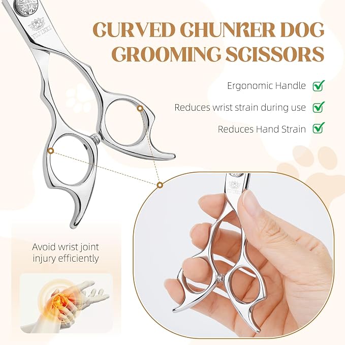 7.5 Inch VG10 Curved Chunkers Shears for Dog Grooming | Blending, bulk removal and texture control for face, paws, legs and body