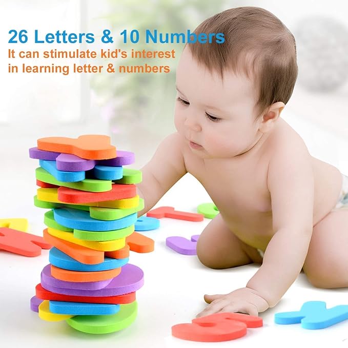 Bath Toys Organizer + 36 Soft Foam ABC 123 Letters & Numbers Bathroom Alphabet Baby Toys for Early Learning Foam Letters and Quick Dry Storage Net Bag for Baby Boys and Girls