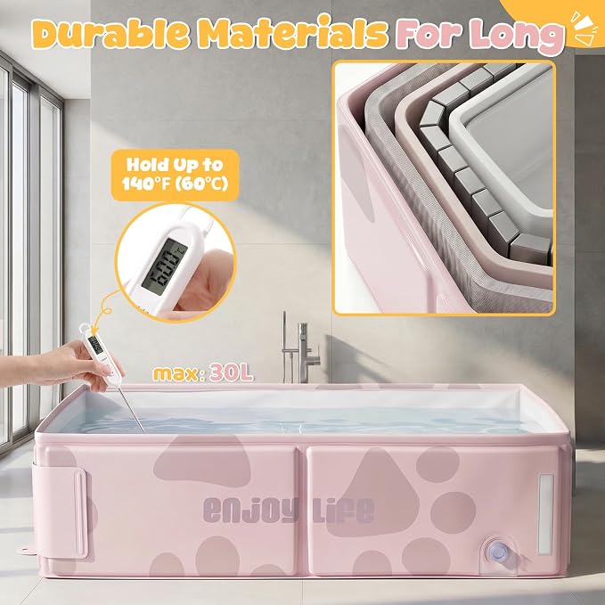 Orzbow Toddler Bathtub with Temperature Sticker, Collapsible Baby Bathtub with Side Drain Plug, Portable Bath Tub for Infant 6 Months+, Easy to Clean, Stable & Durable, Folds to Store, Pink