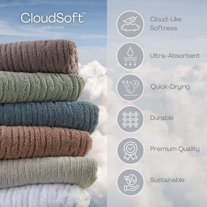 SKL Home CloudSoft 100% Cotton Luxury 4-Piece Washcloth Set, 520 GSM, Ultra Plush & Absorbent, Slate