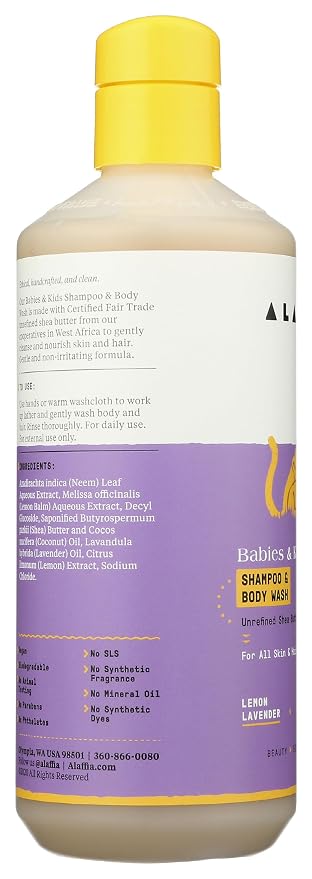 Alaffia Babies and Kids Shampoo and Body Wash, Gentle and Calming Support for Soft Hair and Skin with Shea Butter, Neem, and Coconut Oil, Fair Trade, Lemon Lavender, 16 Fl Oz