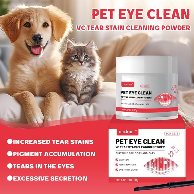 20g Natural Dog Tear Stain Powder with Brush – Odorless Tear Stain Remover for Puppies & Adult Dogs, Safe Daily Use, Moisture Absorbing Formula for White & Light Colored Dogs