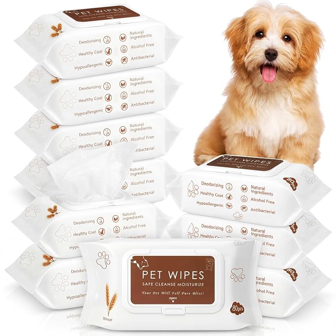 Treela 10 Packs of 80 Dog Wipes Pet Wipes Cat Grooming Supplies for Paws, Butt, Ear, Skin, Body Bath Cleaning Stain Odor Remover, Home or Travel Use(Soothing Oatmeal Flavor)
