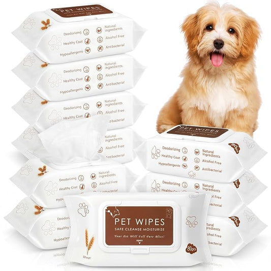 Treela 10 Packs of 80 Dog Wipes Pet Wipes Cat Grooming Supplies for Paws, Butt, Ear, Skin, Body Bath Cleaning Stain Odor Remover, Home or Travel Use(Soothing Oatmeal Flavor)