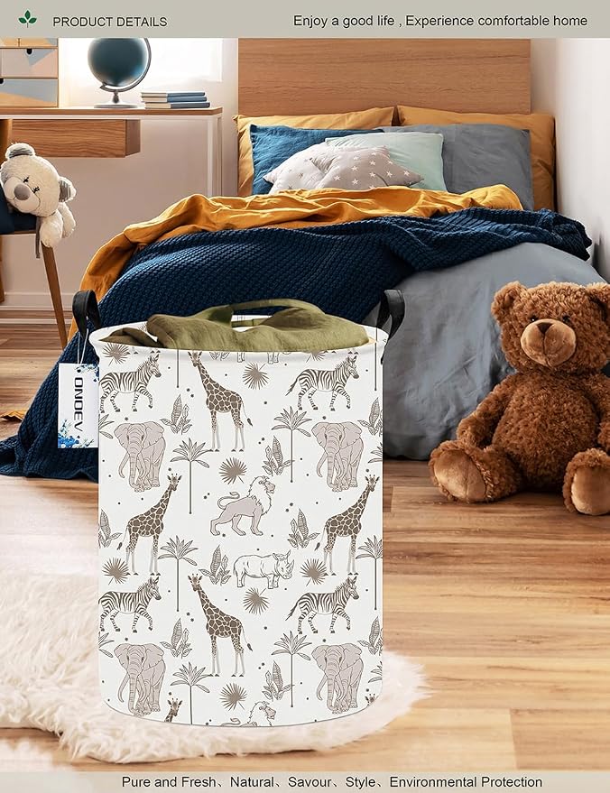 Collapsible Laundry Hamper,Waterproof Cotton Canvas Storage Basket with Reinforced Handles for Bedroom, Bathroom, Dorm & Home Organization (Round Animals)