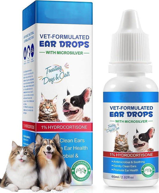 Ear Infection Treatment Drops for Dogs & Cats, Ear Cleaner Solution Drops for Dogs & Cats with 1% Hydrocortisone Soothing Yeast Infection, Itchy Ear Relief, Treats Ear Infections for Dogs - 2.02 fl oz