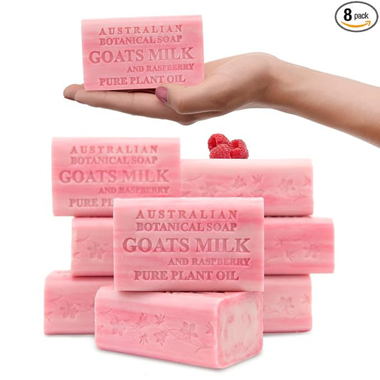 Australian Botanical Goats Milk Soap and Raspberry, 6.6 OZ, Triple Milled Bars made with a Natural Soap Base and Enriched with Organic African Shea Butter, Pack of 8
