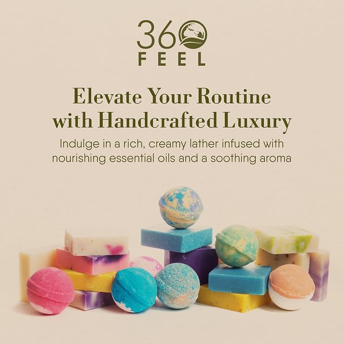 360Feel Lavender Soap - Made in The USA - Castile Handmade, All Natural, Cold Processed Infused with Refreshing Lavender Essential Oil for Relaxation & Calm - Rich, Creamy Lather - 5oz
