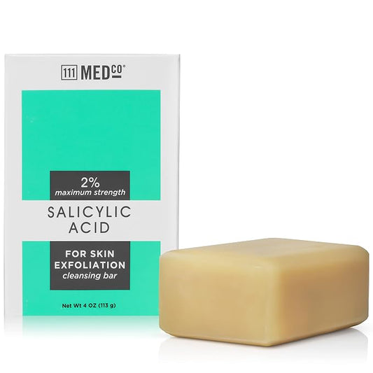 111MedCo 2% Salicylic Acid Exfoliating Acne Cleansing Bar, Medicated Face & Body Soap for Breakouts, Rough Bumpy Texture and Dull‑Looking Skin, Helps Smooth and Clear Pores, 4 oz