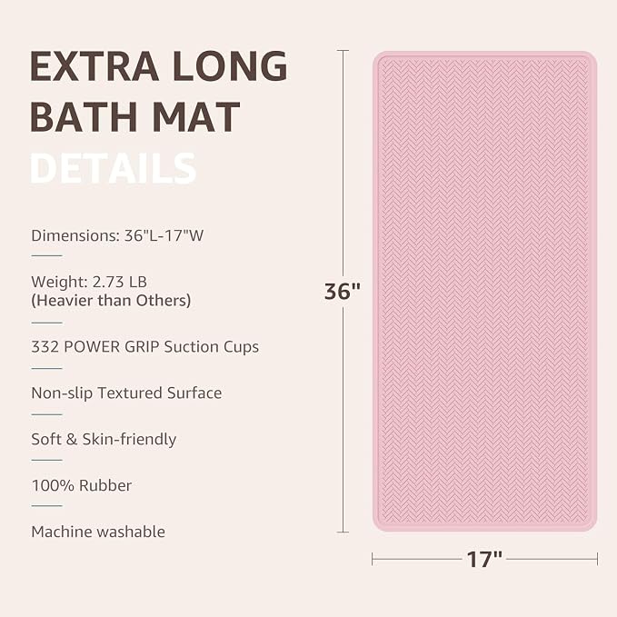 OTHWAY Bathtub Mat Non Slip, Extra Long Rubber Bath Mat for Tub, Machine Washable Shower Anti Slip Mat with 332 Strong Suction Cups (Pink, 36" x 17")
