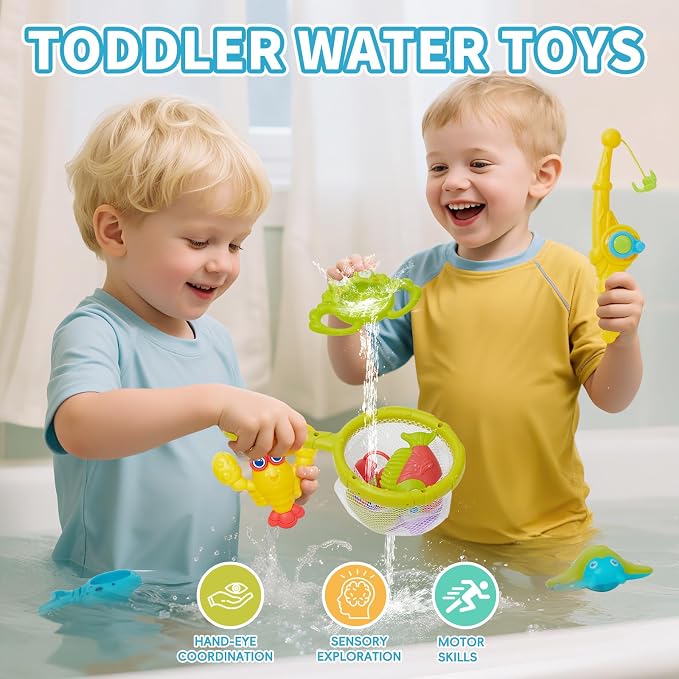 Toddler Bath Toys for Kids Ages 1-3, Mold Free Bathtub Pool Water Table Toys with Pole Rod Net & Plastic Floating Fishes, Outdoor Water Toys for Kids Toddlers Birthday Gifts Aged 2-4 3-5 4-8