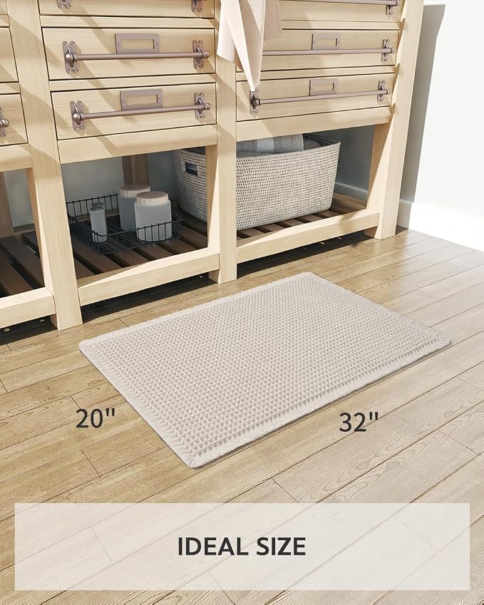 tchdio Waffle Bath Mat Rug, Super Absorbent Non Slip Bath Mats Ultra Soft Bathmat Machine Washable Bathroom Rugs with Tassels, Bath Rugs for Bathroom Floor Beside Tub, 20" x 32", Pale Beige