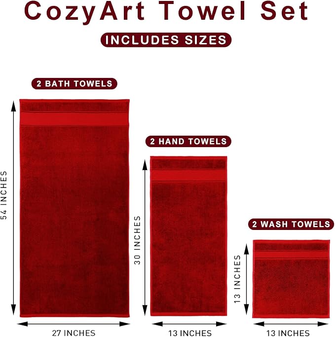 COZYART Red Bath Towel Set 6 Piece, 100% Zero Twist Ring Spun Turkish Cotton 650GSM, Ultra Soft Absorbent Fast Dry Hotel Quality Bathroom Towels