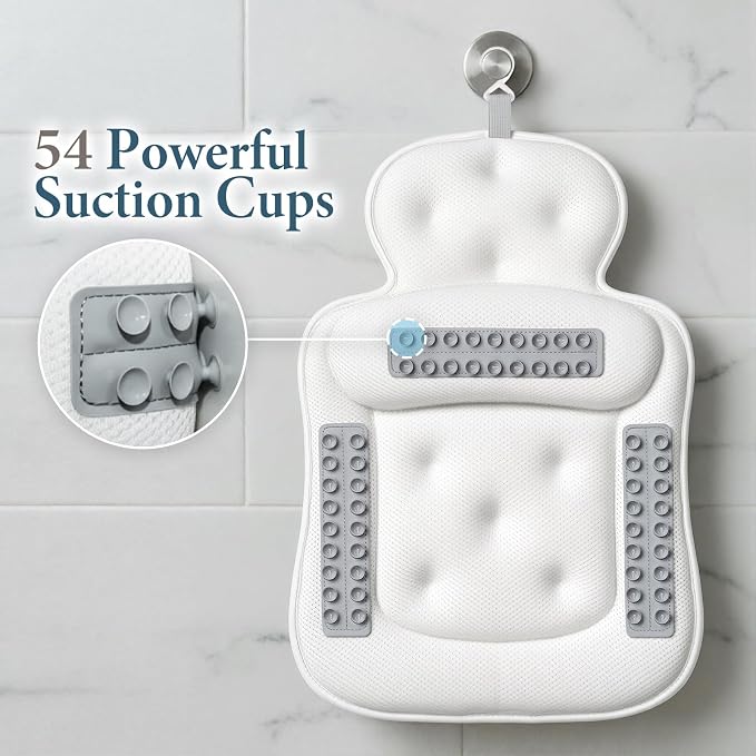 Bath Pillows for Tub, Comfortable Bathtub Cushion for Head and Neck with Soft 3D Mesh Fabric and 54 Non-Slip Suction Cups, Relaxing Tub and Shower Accessories Spa Gift White Standard