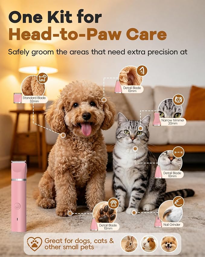 Veeconn Dog Grooming Clippers Kit-Electric Rechargeable Cat Trimmer Tools-Cordless Quiet Pet Nail Paw Grinder-4 in 1 Multifunctional Low Noise Shaver-Razor for feet Face Ears Toenail Eye (Pink)
