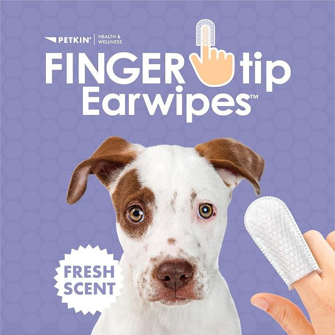 Petkin Fingertip Ear Wipes for Dogs and Cats, 50 Finger Wipes - Slip-On, Snug Fit, Micro-Bristle Fabric - Cleans Ears, Dirt, Odor and Wax - Convenient, Ideal for Home and Travel - Fresh Scent