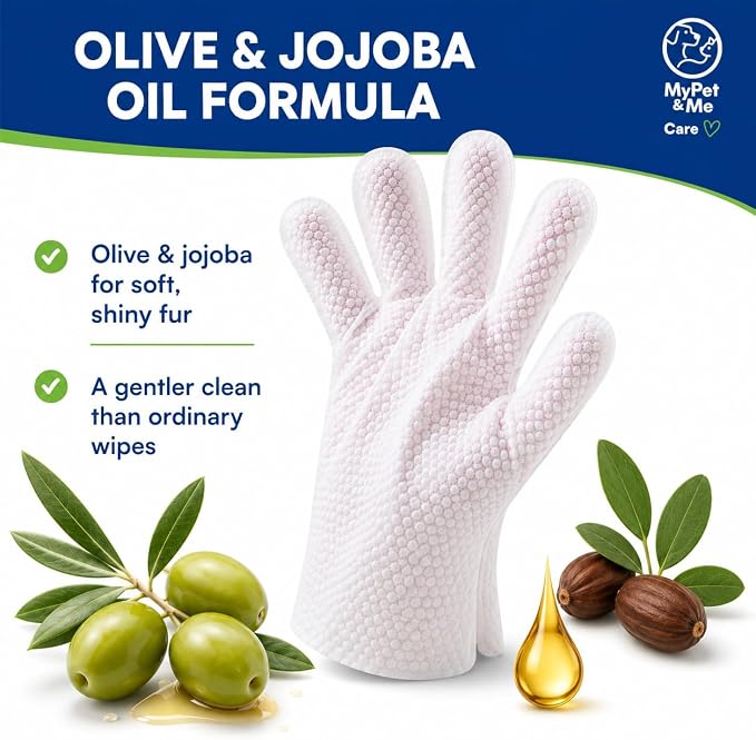 My Pet & Me Pet Glove Wipes for Dogs & Cats with Olive & Jojoba Oil, No-Rinse Five-Finger Cleaning Gloves, Individually Wrapped Grooming Mittens for Between Baths, Paws, Face & Body, 6 Count
