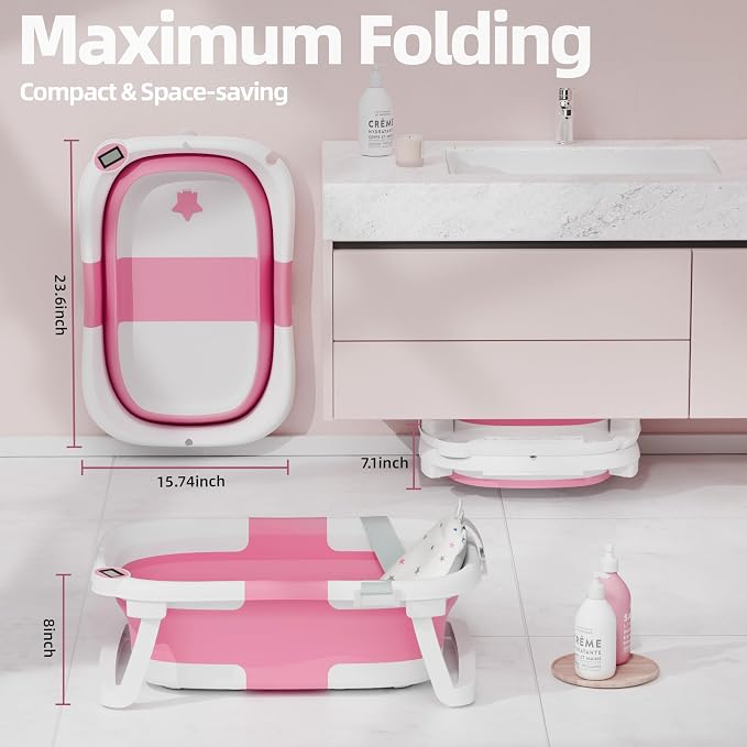 Collapsible Baby Bathtub for Newborn to Toddler, Foldable Infant Bath Tub with Real-Time Thermometer, Removable Soft Bath Cushion & Drain Plug, Portable Travel Newborn Tub, Dark Pink