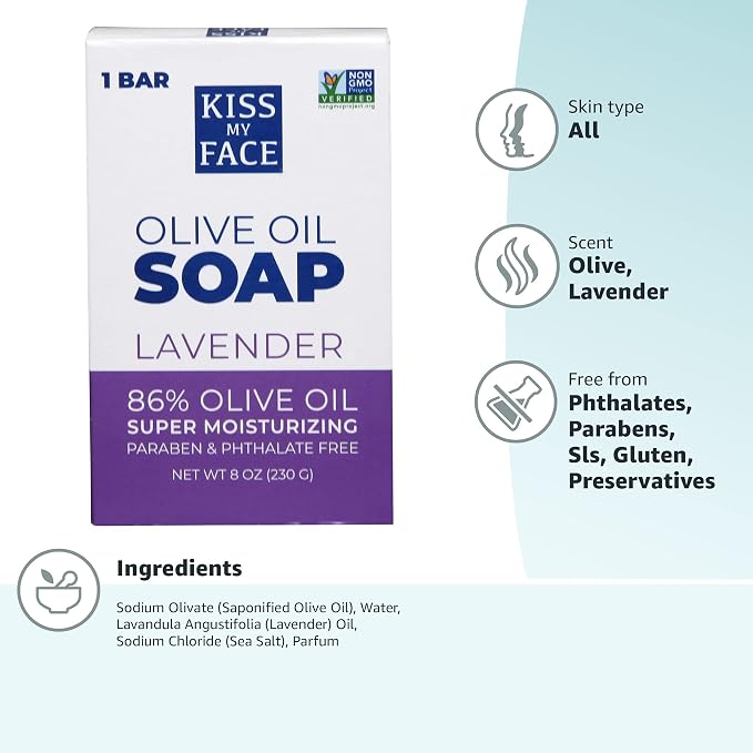 Kiss My Face Olive Oil Bar Soap, Non-GMO Certified Vegan Soap Bar, Antioxidant Rich and Moisturizing Soap, Olive & Lavender, 8 Oz Bar