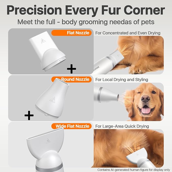 Buenkee Handheld Dog Dryer, 3HP High-Velocity Pet Hair Blower, White | 12 modes with 3 speeds and 4 temps, 1.2 lb lightweight, quiet under 65 dB, portable for home and travel, includes 3 nozzles