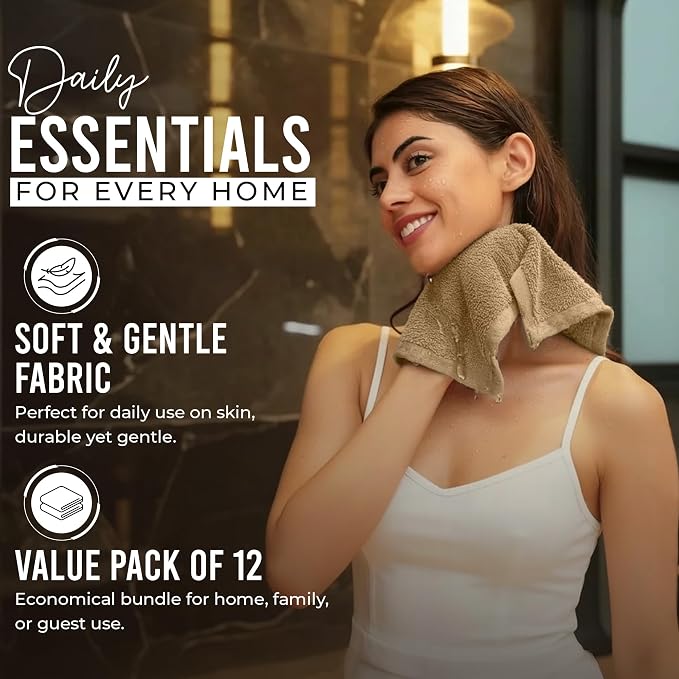 RIVERSIDE 12-Pack Premium 100% Cotton Tan Face Towels for Bathroom [12x12] - Reusable Luxury Face Wash Cloths for Showering - 550 GSM Super Soft & Absorbent Washcloths for Body, Spa & Gym