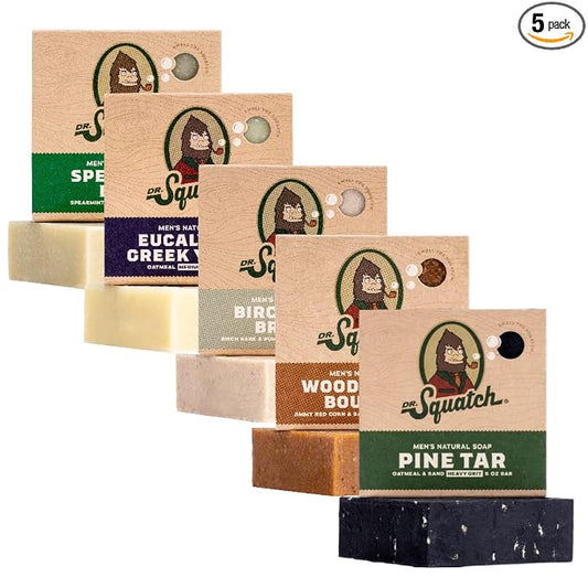Dr. Squatch Natural Men’s Bar Soap - Cold Process Body Soap Bar with Natural Oils - Gifts for Men - Spearmint Basil, Pine Tar, Birchwood Breeze, Wood Barrel Bourbon & more (5 oz, 5-Pack)